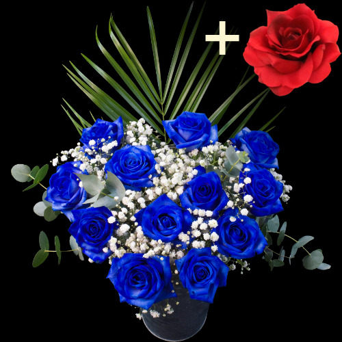 11 Blue Roses and a Red Silk Rose