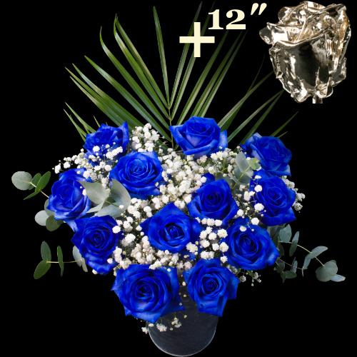 11 Blue Roses and a 12Inch Silver Dipped Rose