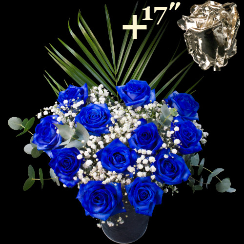 11 Blue Roses and a 17Inch Silver Dipped Rose