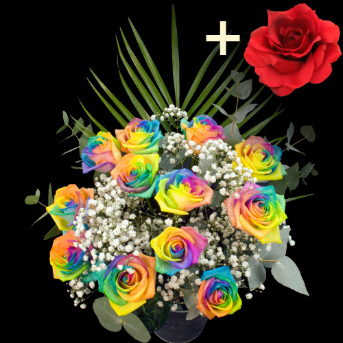 11 Happy Roses and a Red Silk Rose