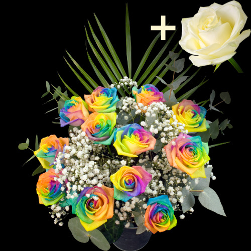 11 Happy Roses and a White Rose