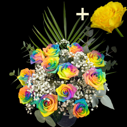 11 Happy Roses and a Yellow Rose