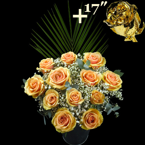11 Peach Roses and a 17Inch Gold Dipped Rose