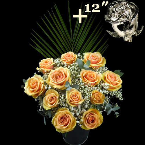 11 Peach Roses and a 12Inch Platinum Dipped Rose