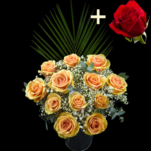 11 Peach Roses and a Red Rose
