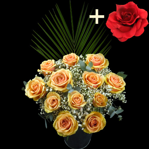 11 Peach Roses and a Red Silk Rose