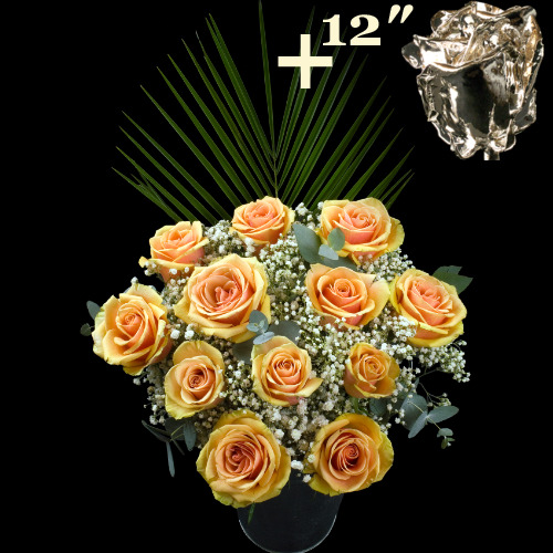 11 Peach Roses and a 12Inch Silver Dipped Rose