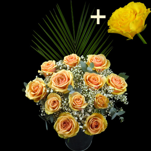11 Peach Roses and a Yellow Rose