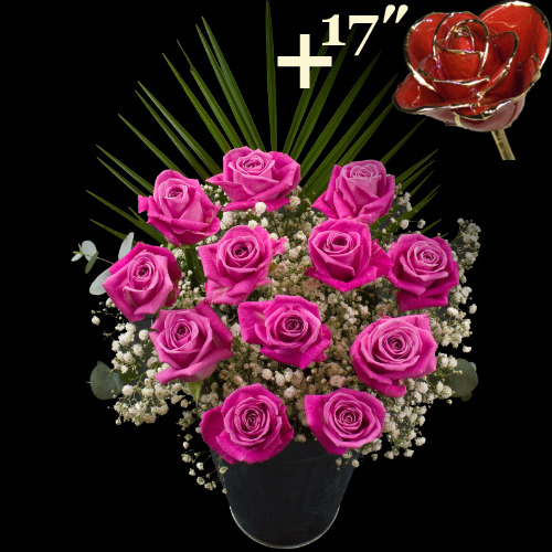 11 Pink Roses and a 17Inch Gold Trimmed Red Rose