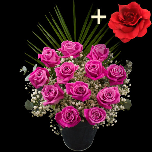 11 Pink Roses and a Red Silk Rose