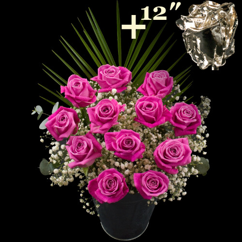 11 Pink Roses and a 12Inch Silver Dipped Rose