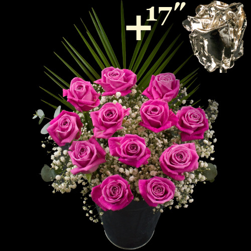 11 Pink Roses and a 17Inch Silver Dipped Rose