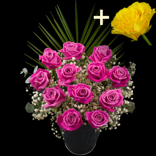 11 Pink Roses and a Yellow Rose