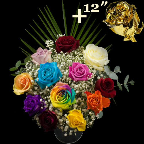 11 Mixed Roses and a 12Inch Gold Dipped Rose