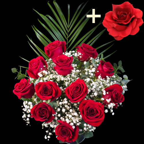 11 Red Roses and single Red Silk Rose