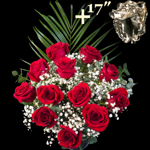 11 Red Roses and single 17Inch Silver Dipped Rose