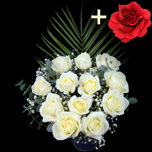 11 White Roses and a Red Silk Rose