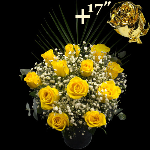 11 Yellow Roses and a 17Inch Gold Dipped Rose