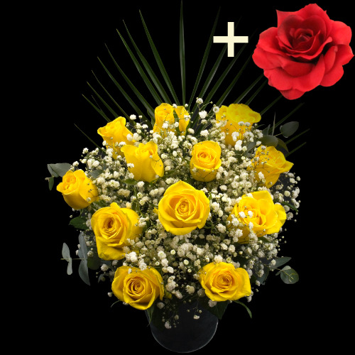 11 Yellow Roses and a Red Silk Rose
