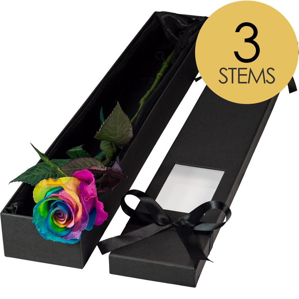 3 Extra Long Luxury Happy Rainbow Roses