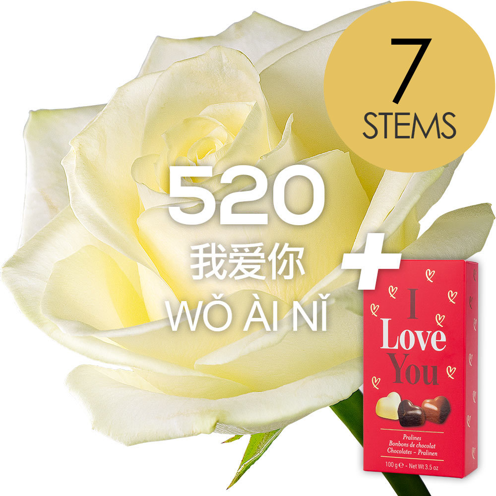 7 White Roses (5 + 2 + 0) with ILU Chocs